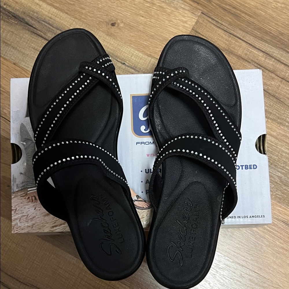 Skechers Women's Black Sandals with Metallic Accents